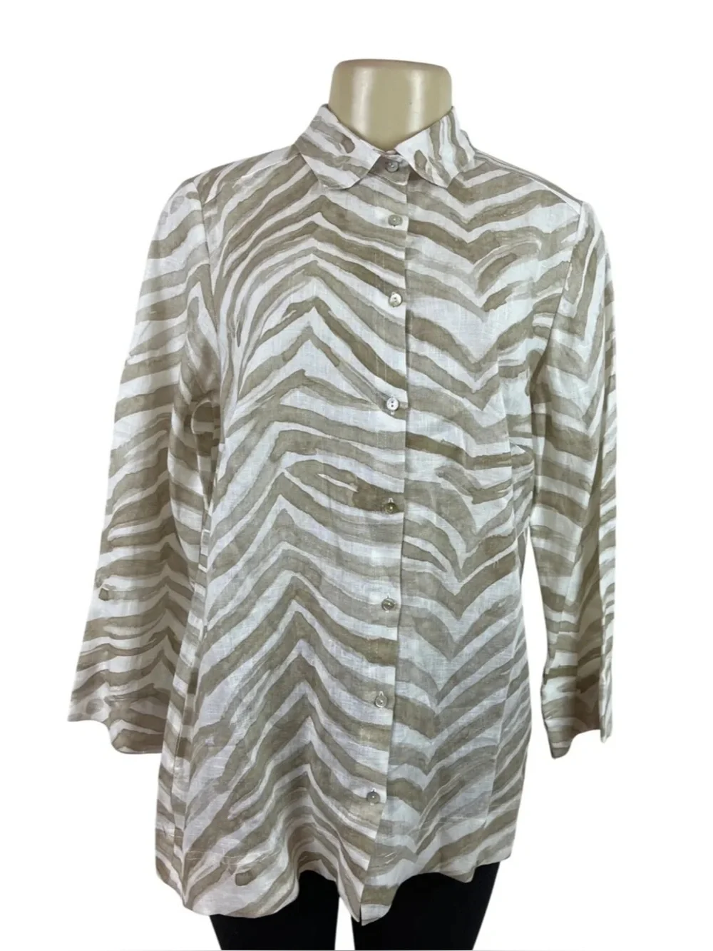 iLinen Womens XL linen Button Front Shirt tan brown Zebra Pockets like new